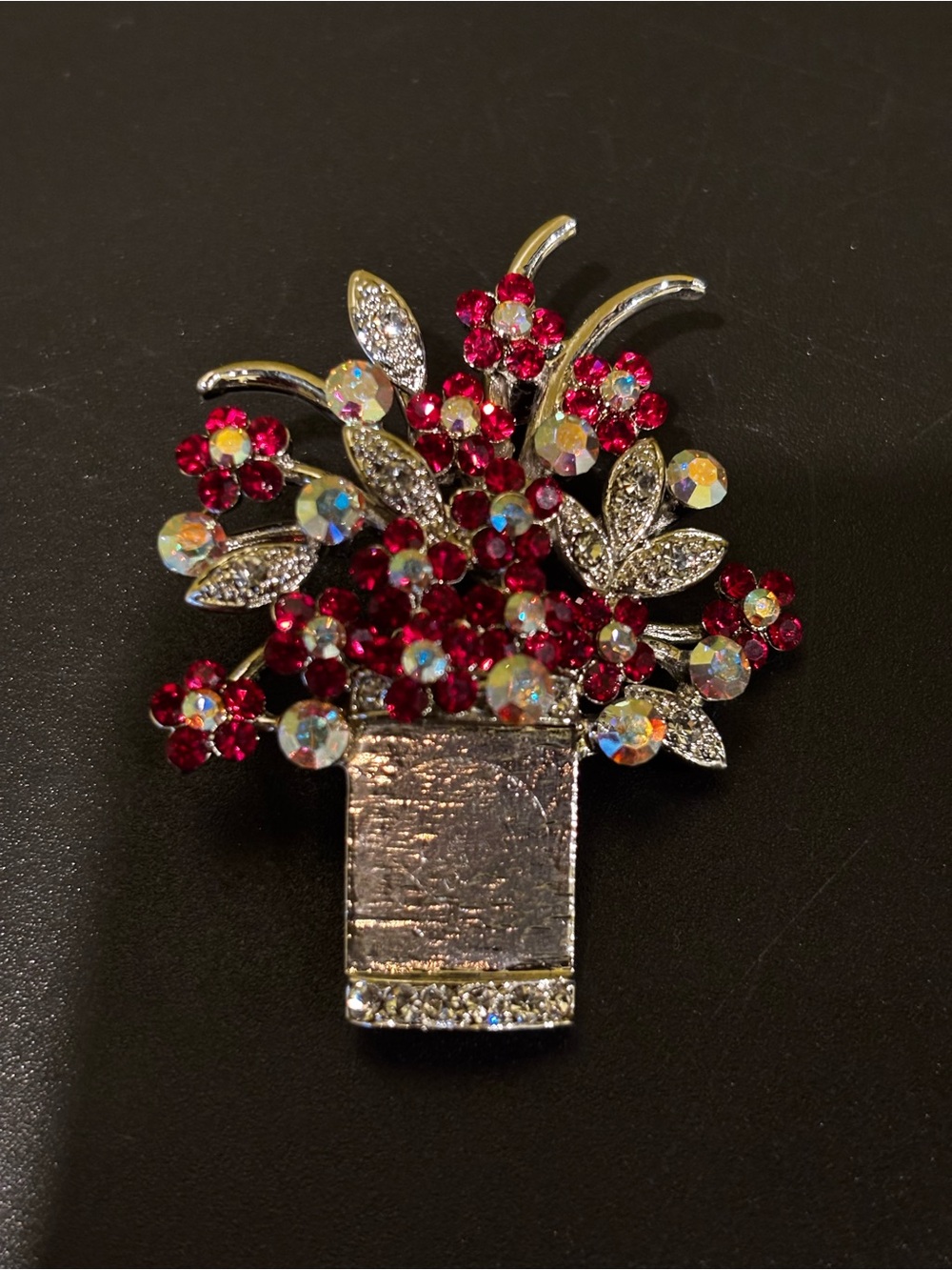 Crystal Flower Bouquet Red and Aurora Borealis Brooch - Unbranded